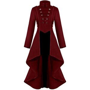 Steampunk Victorian Swallow Tail Long Trench Coat Jacket Red Cosplay Punk NWT